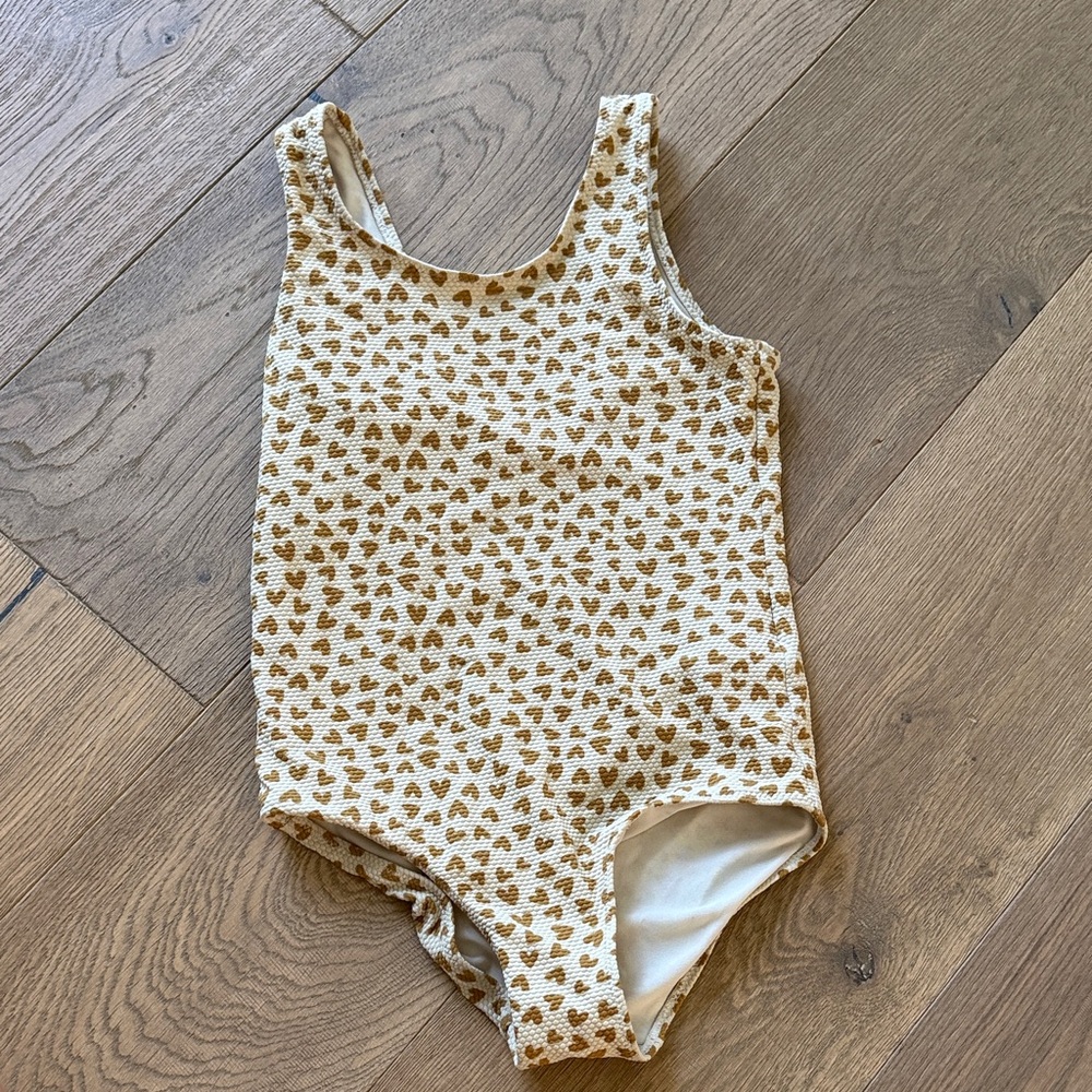 H&M Kids One Piece Swimsuit in cream and tan heart print